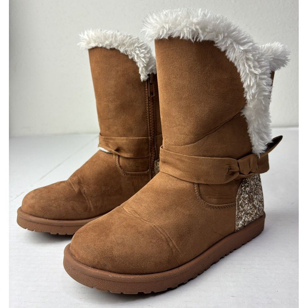 Girls Magellan Brown Faux Suede Fur Sherpa‎ Boots Sparkle Youth 2 Bow Binge EUC - Picture 2 of 7